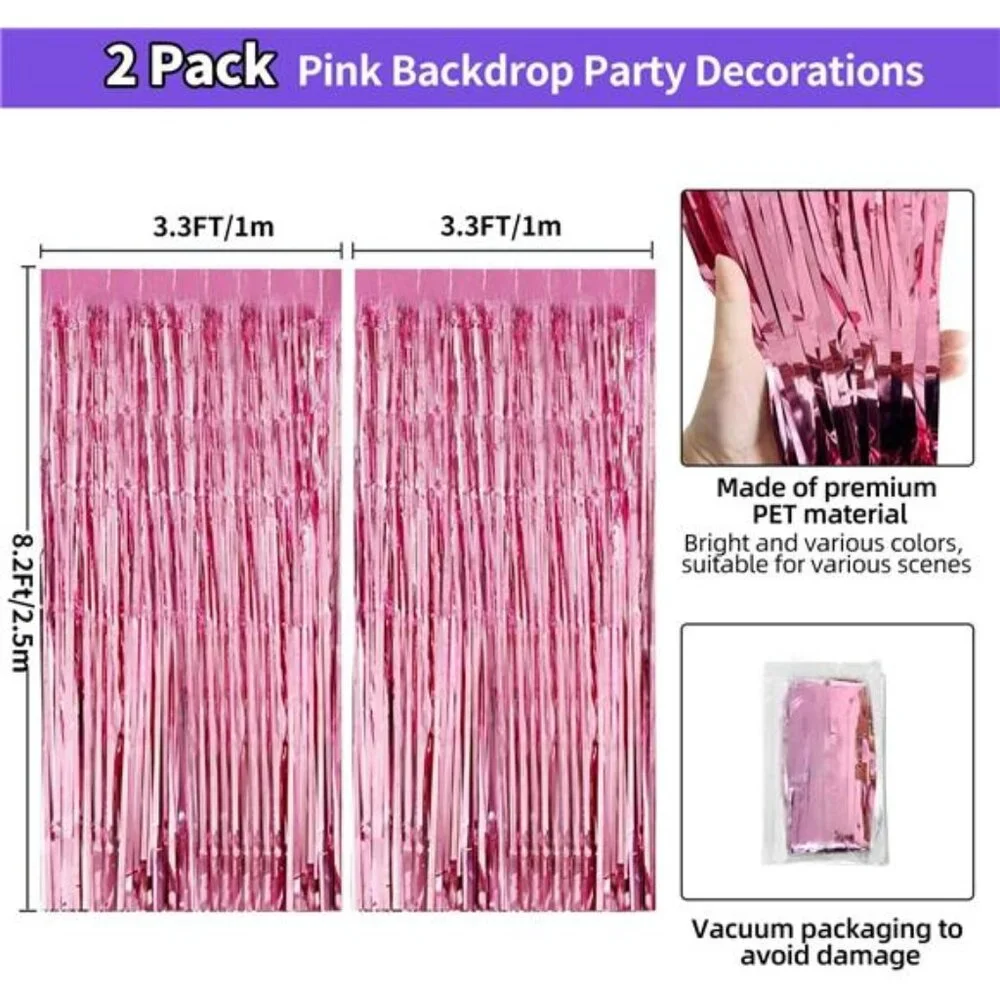 Pink Birthday Decorations for Girls 3.3x8.2ft Pink Tinsel Backdrop Foil Fringe